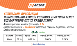 Спеціальна пропозиція! Фінансування купівлі колісних тракторів Fendt від партнерів ОТП та Кредо лізинг