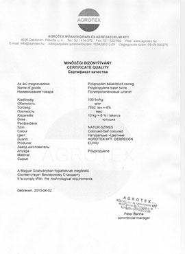 Сертификат качества: шпагат Agrotex 110–115 м/кг