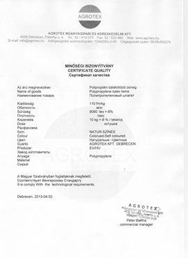 Сертификат качества: шпагат Agrotex 130 м/кг